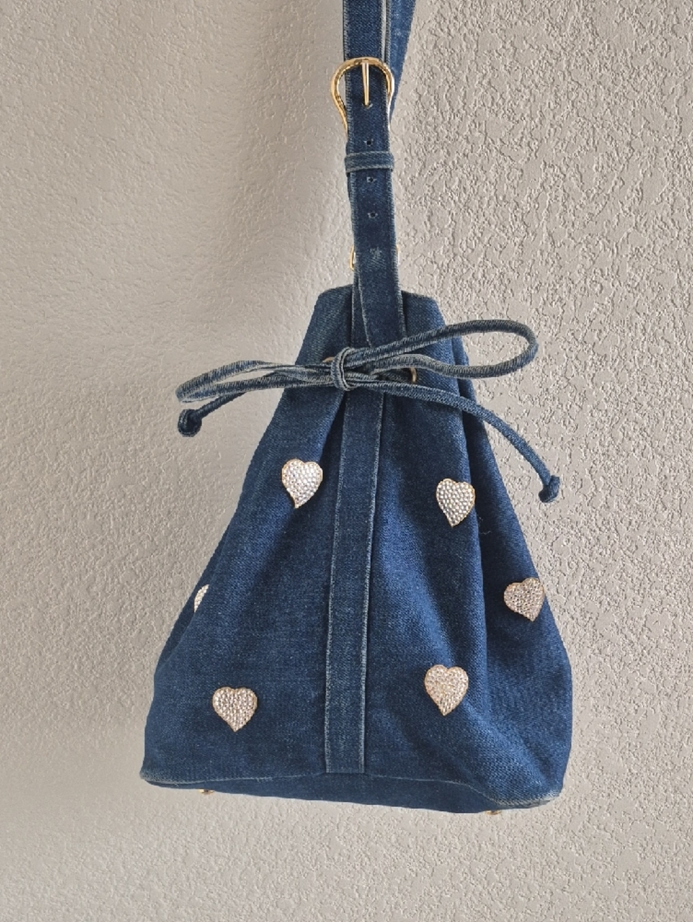 Sepcoeur Paris Denim Bucket Drawstring Bucket Bag with Heart Studs - Blue - Picture 10 of 15